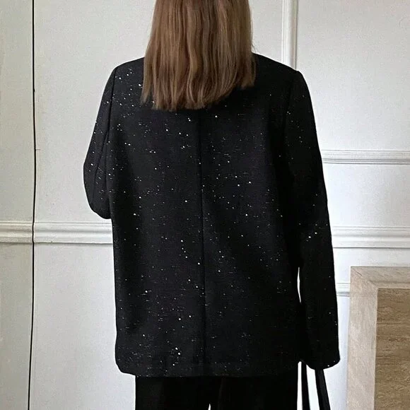 Black Elegant Women's Casual Sequin Blazer Jacket - Picture 2 of 7